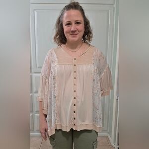 POL V Neck Button Down Mixed Media Top
